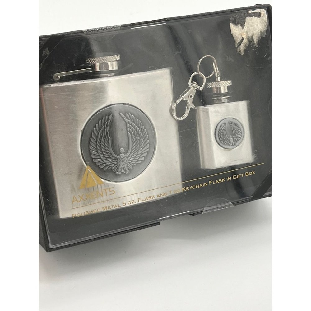 Polished Metal Flask Gift Set, Unopened, Axxents, 5oz and 1oz keychain set